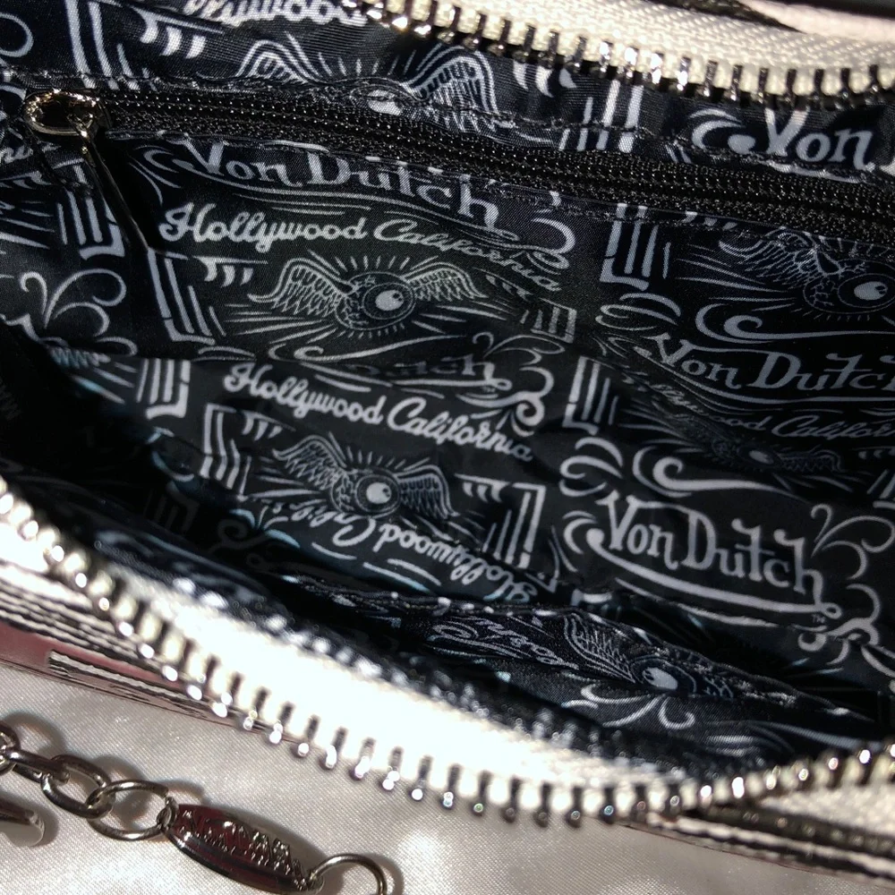 Von Dutch Zebra Print Shoulder Bag Red Trim & Logo Silver Chain + Wrench NWT